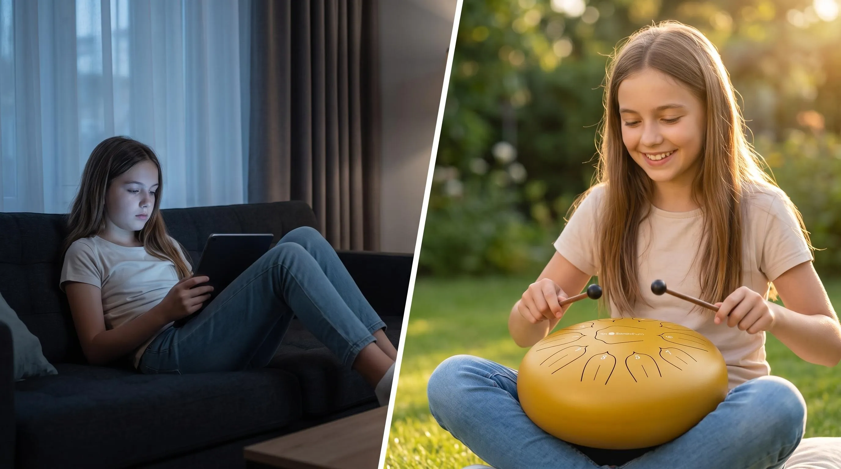 Vorher-Nachher: Mädchen am Tablet im dunklen Wohnzimmer, daneben spielt sie entspannt eine goldene Sonodrum Zungentrommel im sonnigen Garten