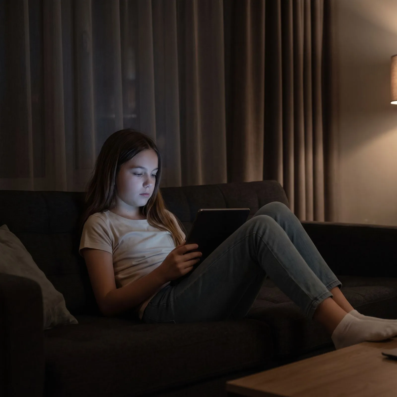 Mädchen sitzt abends mit Tablet auf dem Sofa